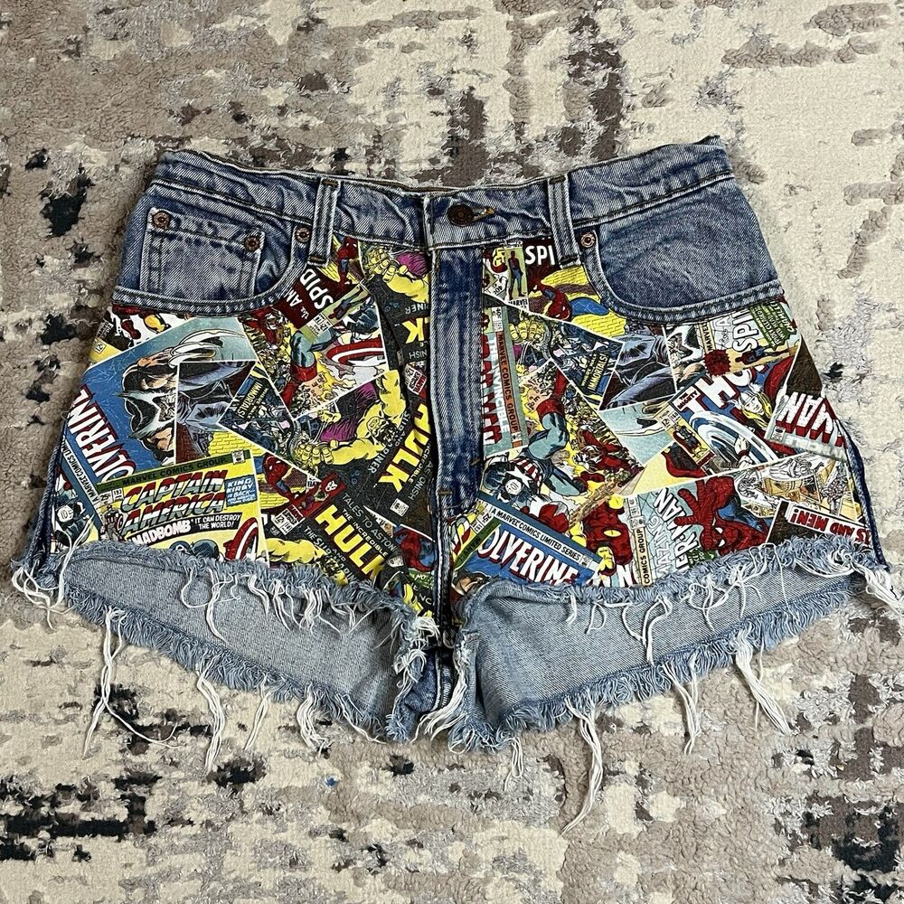 Vintage 90s Levis 505 Cutoff Shorts Jorts Upcycled Marvel Comic Sz 11 Med